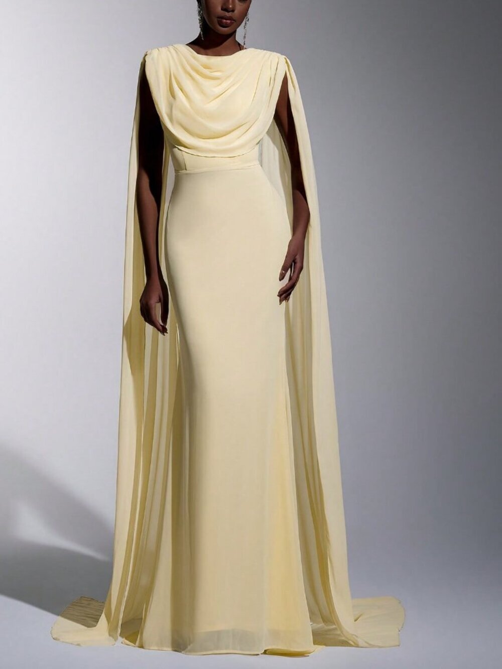 Yellow Elegant Women's Chiffon Ruffle Neck Fishtail Hem Formal Dress